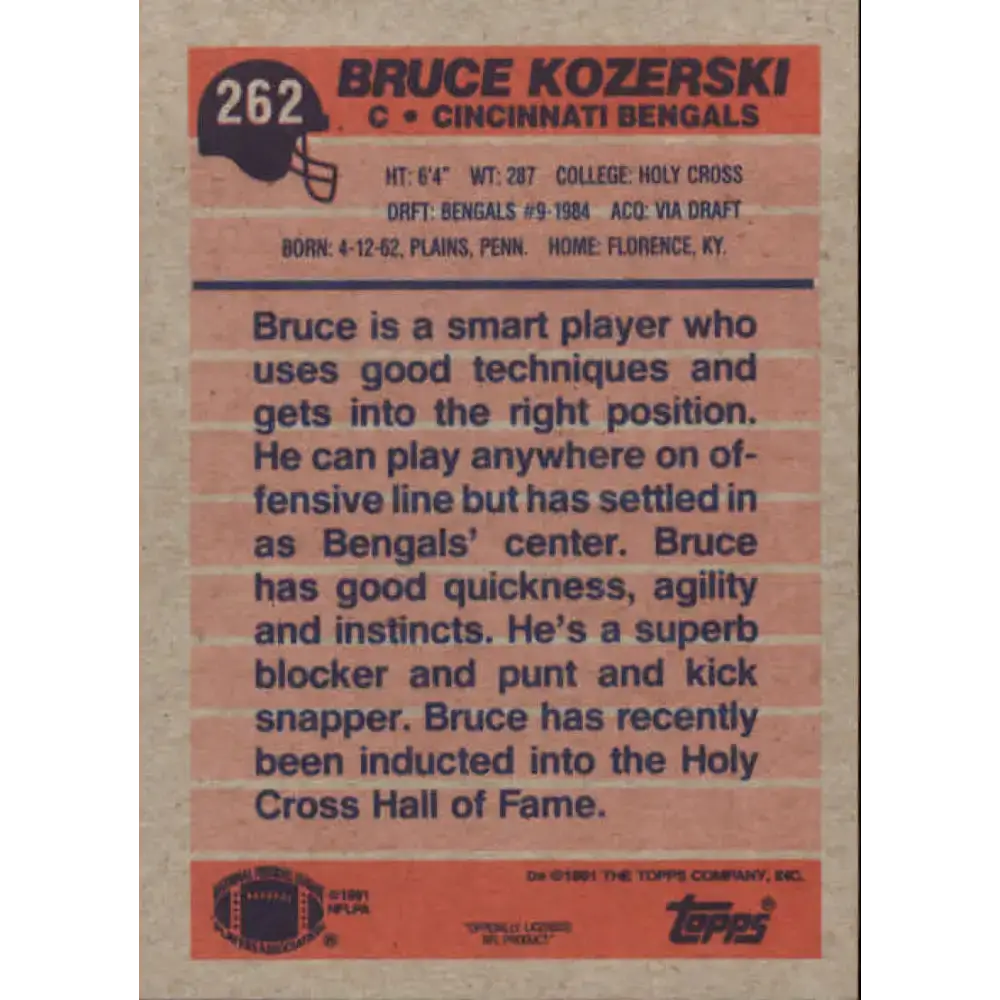 1991 Topps #262 Bruce Kozerski NM-MT Cincinnati Bengals Football Card - Football Card Single