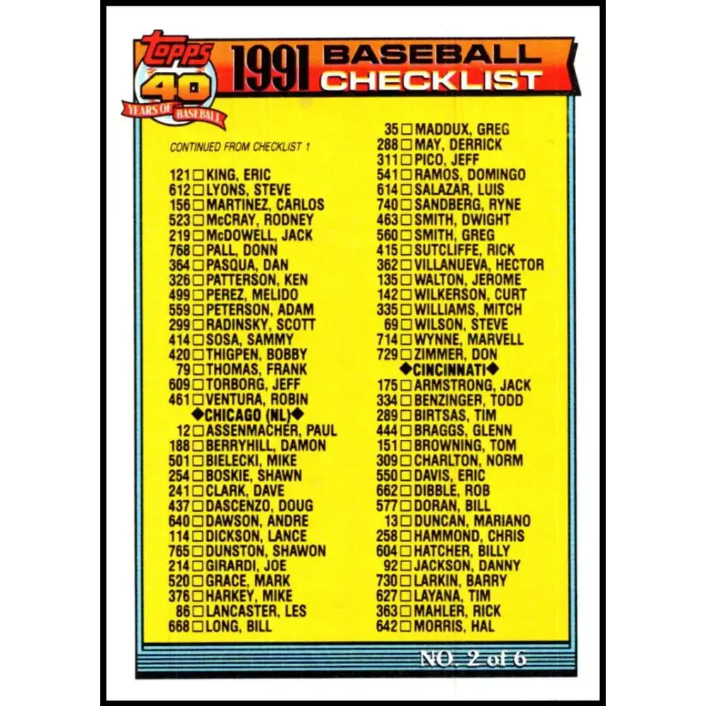 1991 Topps #263 Checklist #2 NM-MT Checklist Baseball Card - Baseball Card Single