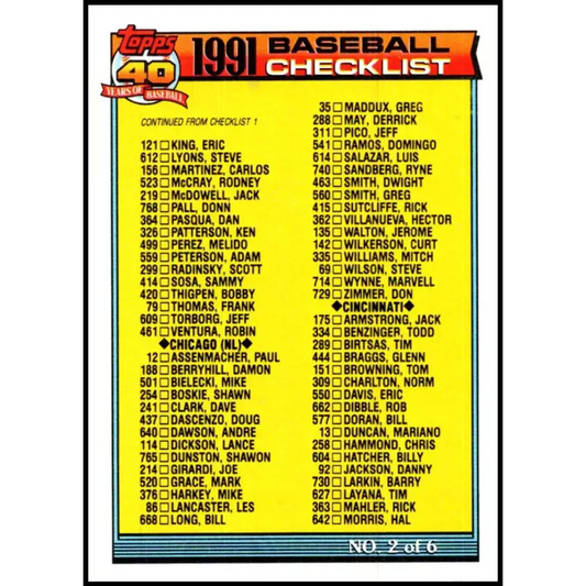 1991 Topps #263 Checklist #2 NM-MT Checklist Baseball Card - Baseball Card Single