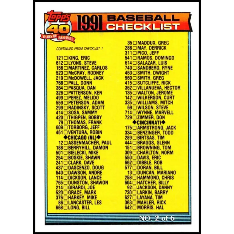 1991 Topps #263 Checklist #2 NM-MT Checklist Baseball Card - Baseball Card Single