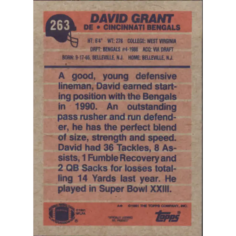 1991 Topps #263 David Grant NM-MT Cincinnati Bengals Football Card - Football Card Single