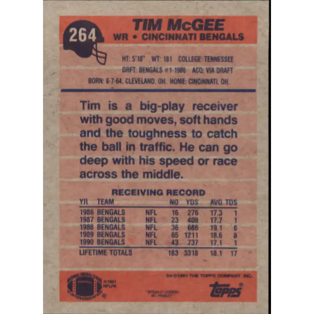 1991 Topps #264 Tim McGee NM-MT Cincinnati Bengals Football Card - Football Card Single