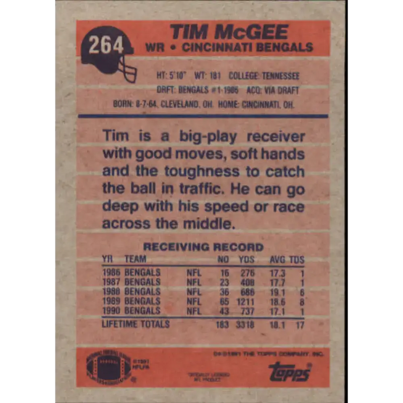 1991 Topps #264 Tim McGee NM-MT Cincinnati Bengals Football Card - Football Card Single