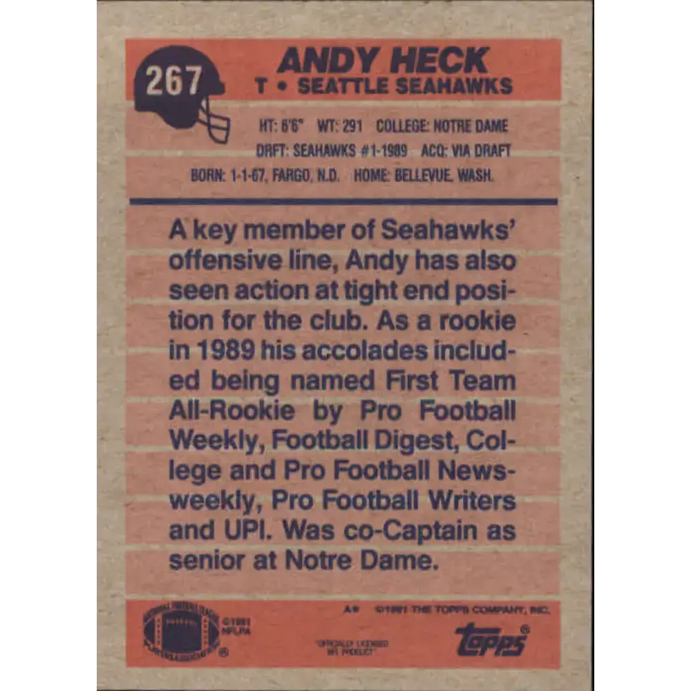 1991 Topps #267 Andy Heck NM-MT Seattle Seahawks Football Card - Football Card Single