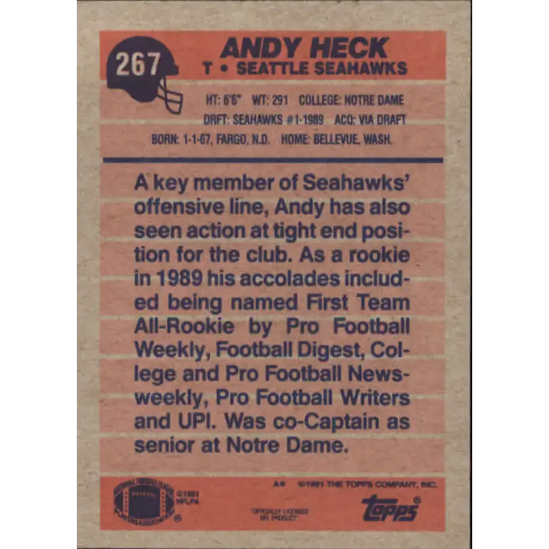 1991 Topps #267 Andy Heck NM-MT Seattle Seahawks Football Card - Football Card Single