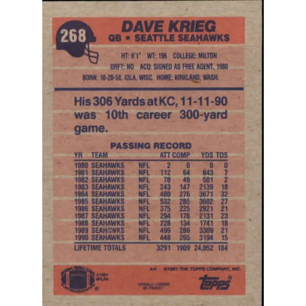 1991 Topps #268 Dave Krieg NM-MT Seattle Seahawks Football Card - Football Card Single