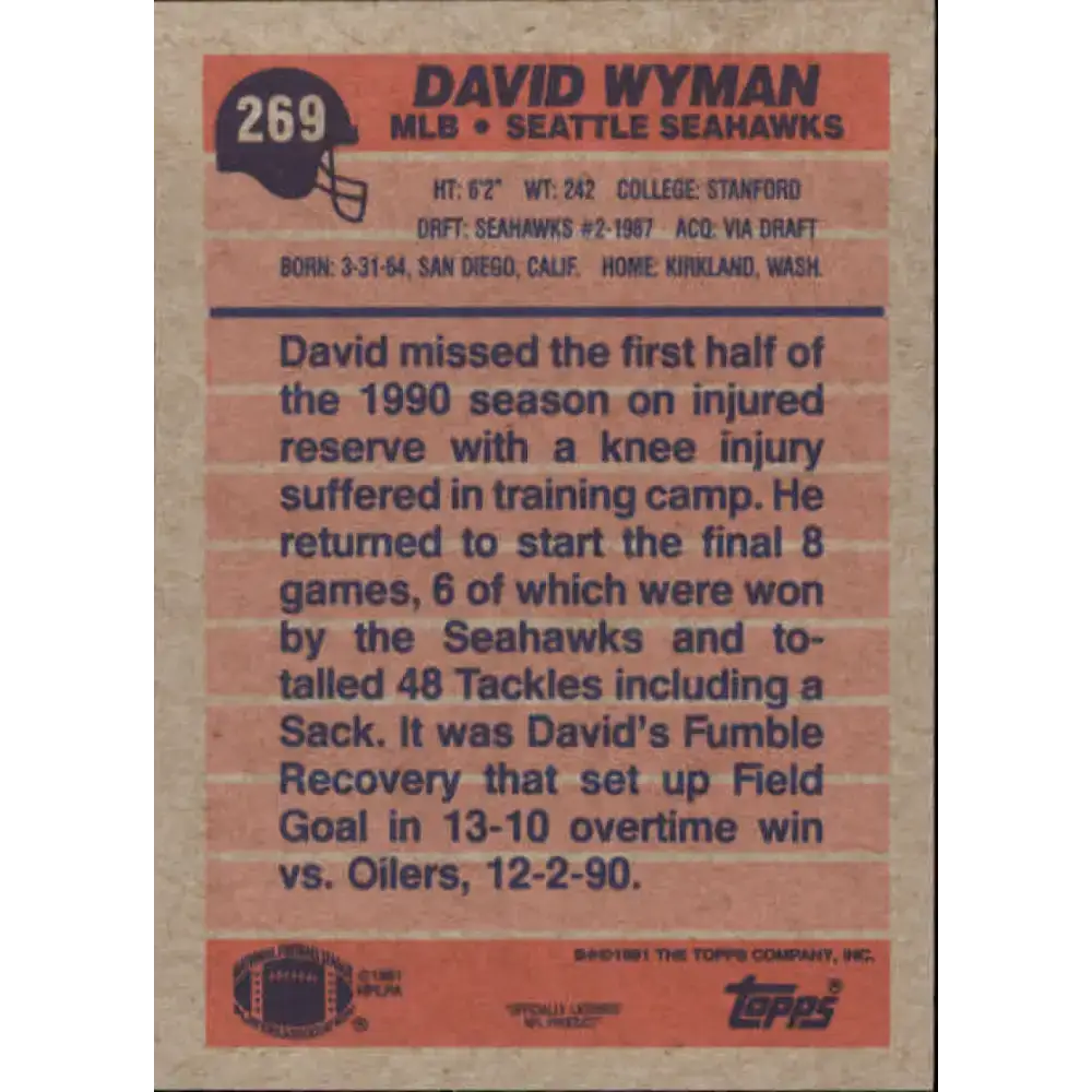1991 Topps #269 David Wyman NM-MT Seattle Seahawks Football Card - Football Card Single