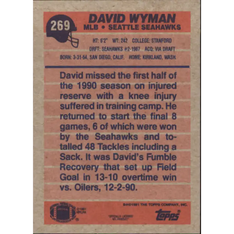 1991 Topps #269 David Wyman NM-MT Seattle Seahawks Football Card - Football Card Single