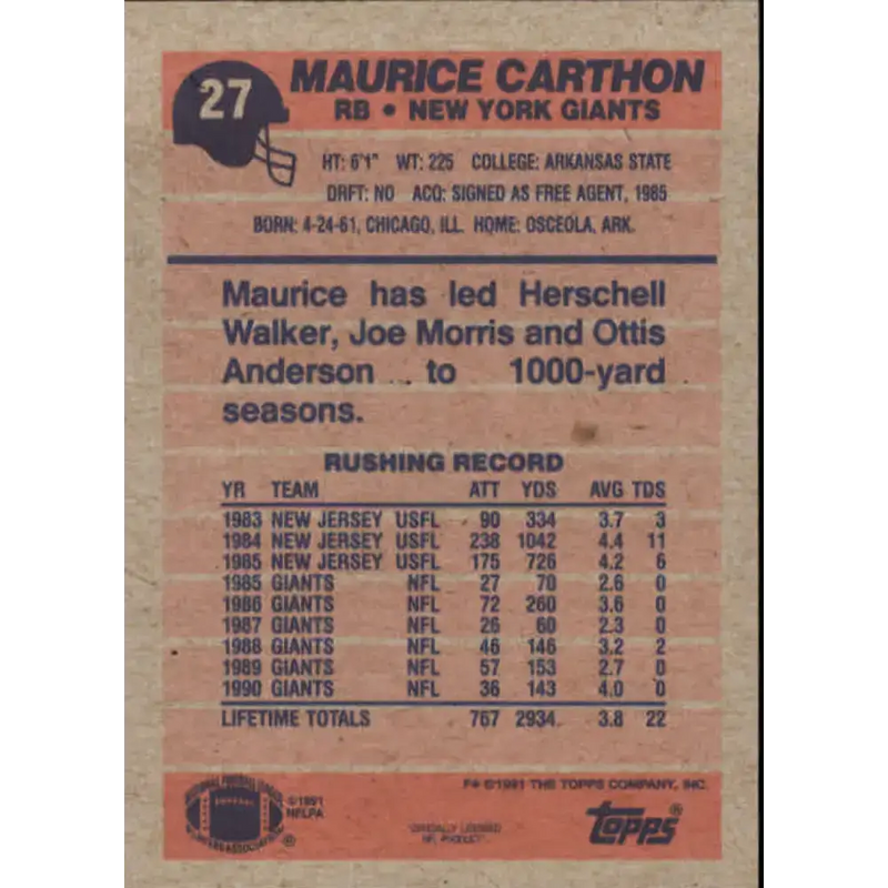 1991 Topps #27 Maurice Carthon NM-MT New York Giants Football Card - Football Card Single