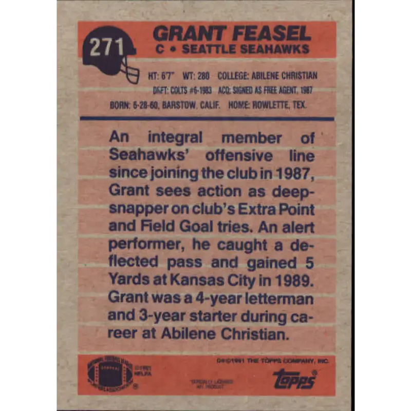 1991 Topps #271 Grant Feasel NM-MT Seattle Seahawks Football Card - Football Card Single