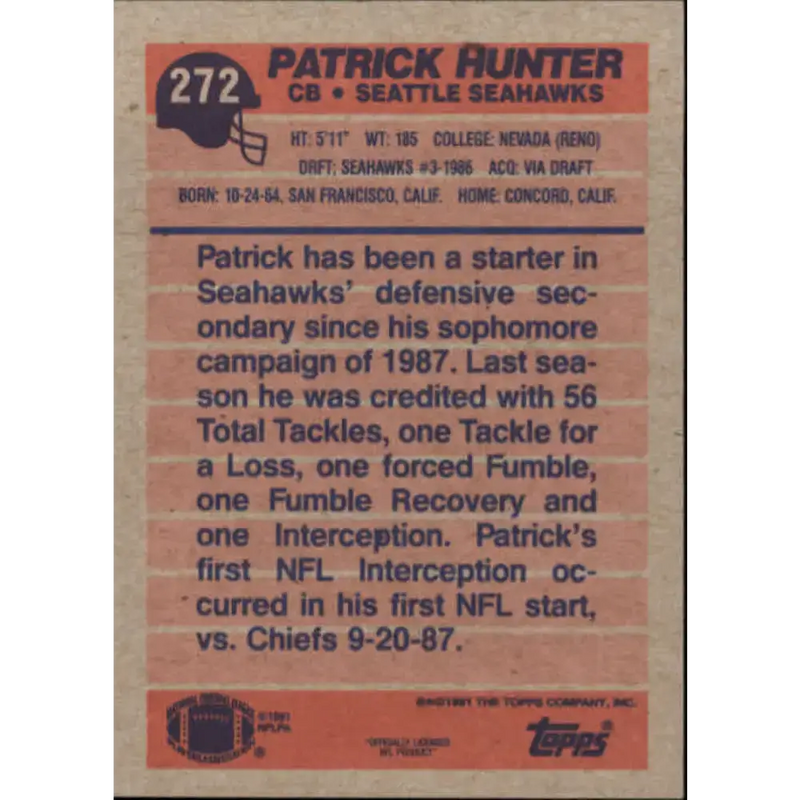 1991 Topps #272 Patrick Hunter NM-MT RC Rookie Seattle Seahawks Football Card