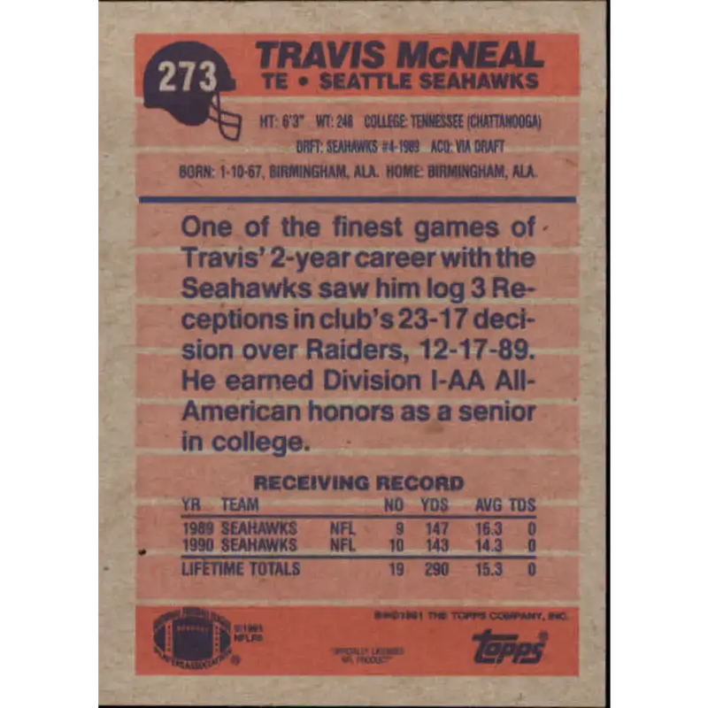 1991 Topps #273 Travis McNeal NM-MT Seattle Seahawks Football Card - Football Card Single