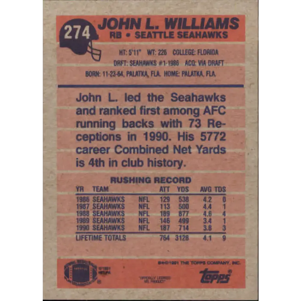 1991 Topps #274 John L. Williams NM-MT Seattle Seahawks Football Card - Football Card Single