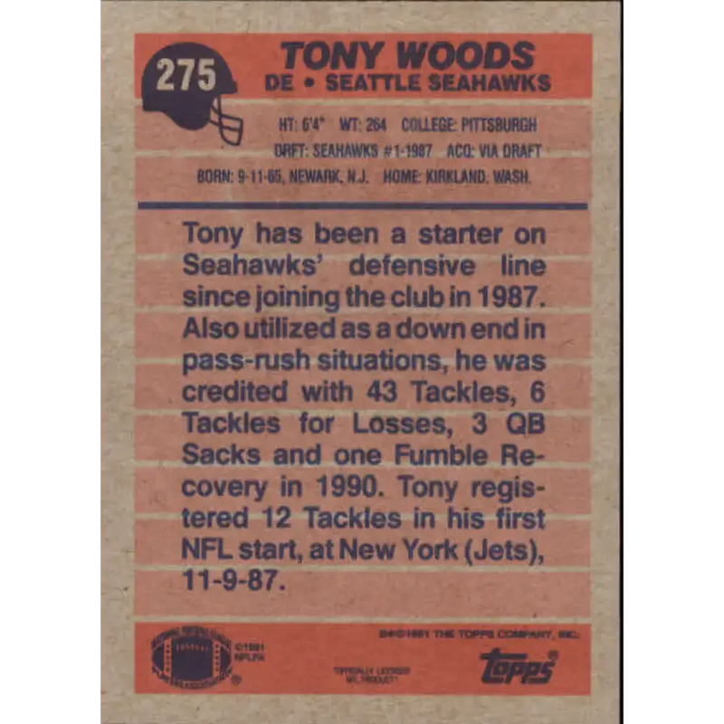 1991 Topps #275 Tony Woods NM-MT Seattle Seahawks Football Card - Football Card Single
