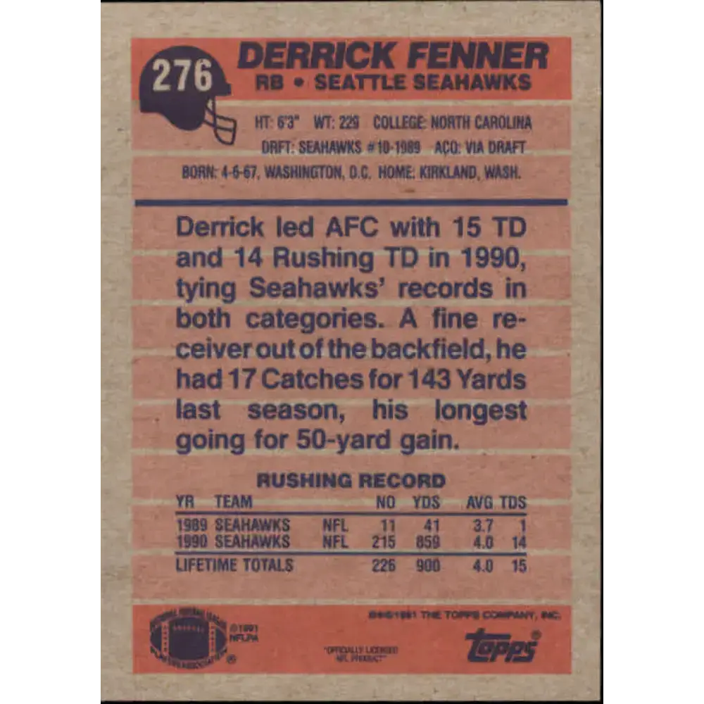 1991 Topps #276 Derrick Fenner NM-MT Seattle Seahawks Football Card - Football Card Single