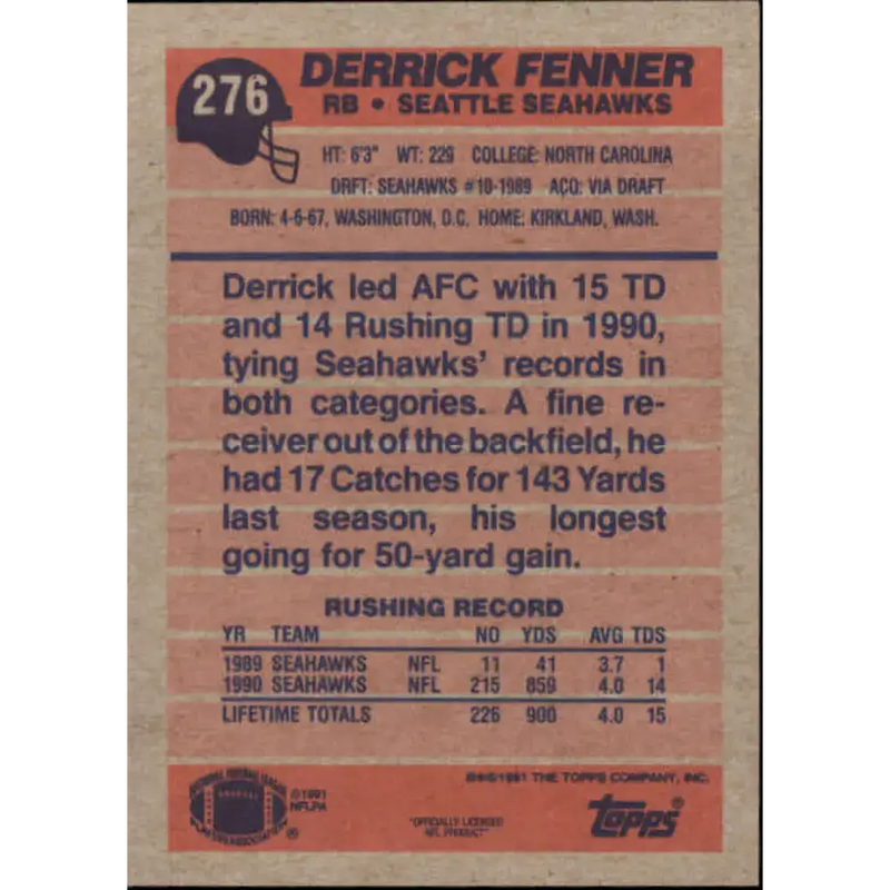 1991 Topps #276 Derrick Fenner NM-MT Seattle Seahawks Football Card - Football Card Single