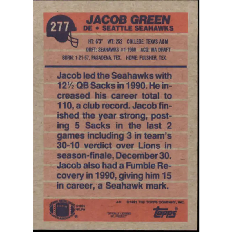 1991 Topps #277 Jacob Green NM-MT Seattle Seahawks Football Card - Football Card Single