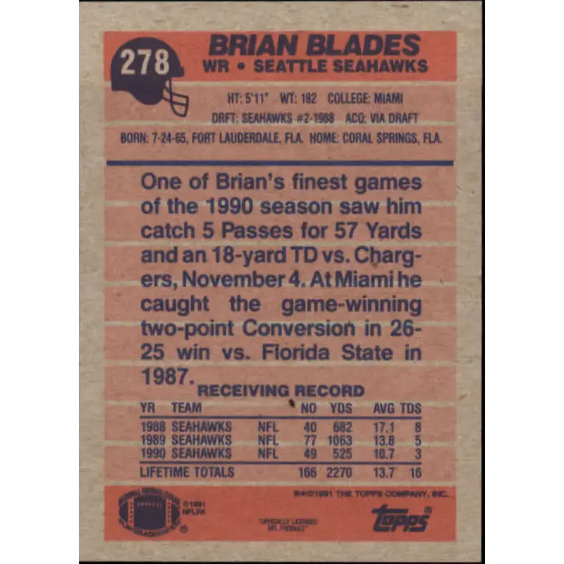 1991 Topps #278 Brian Blades NM-MT Seattle Seahawks Football Card - Football Card Single