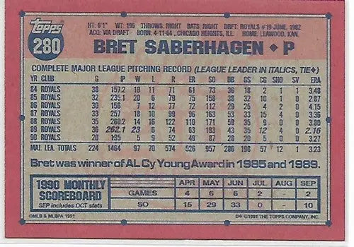 1991 Topps #280 Bret Saberhagen NM-MT Royals - Baseball Card Single