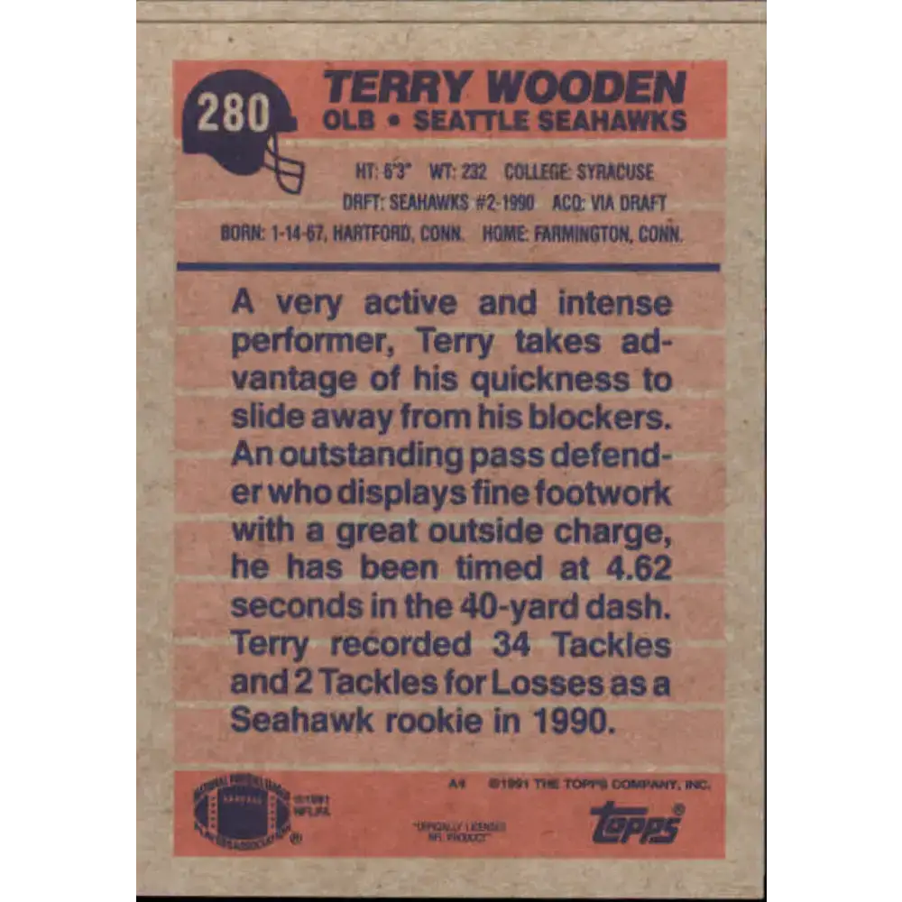 1991 Topps #280 Terry Wooden NM-MT Seattle Seahawks Football Card - Football Card Single