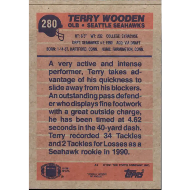 1991 Topps #280 Terry Wooden NM-MT Seattle Seahawks Football Card - Football Card Single