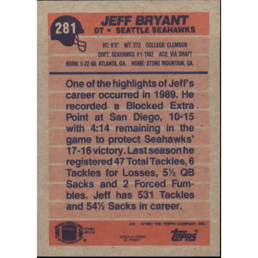 1991 Topps #281 Jeff Bryant NM-MT Seattle Seahawks Football Card - Football Card Single