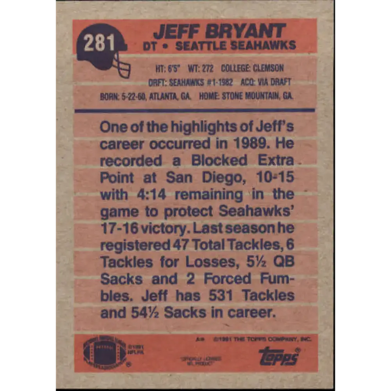 1991 Topps #281 Jeff Bryant NM-MT Seattle Seahawks Football Card - Football Card Single
