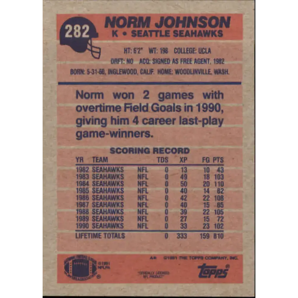 1991 Topps #282 Norm Johnson NM-MT Seattle Seahawks Football Card - Football Card Single