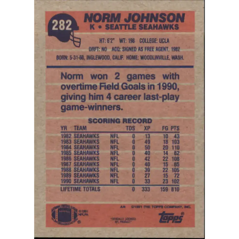 1991 Topps #282 Norm Johnson NM-MT Seattle Seahawks Football Card - Football Card Single