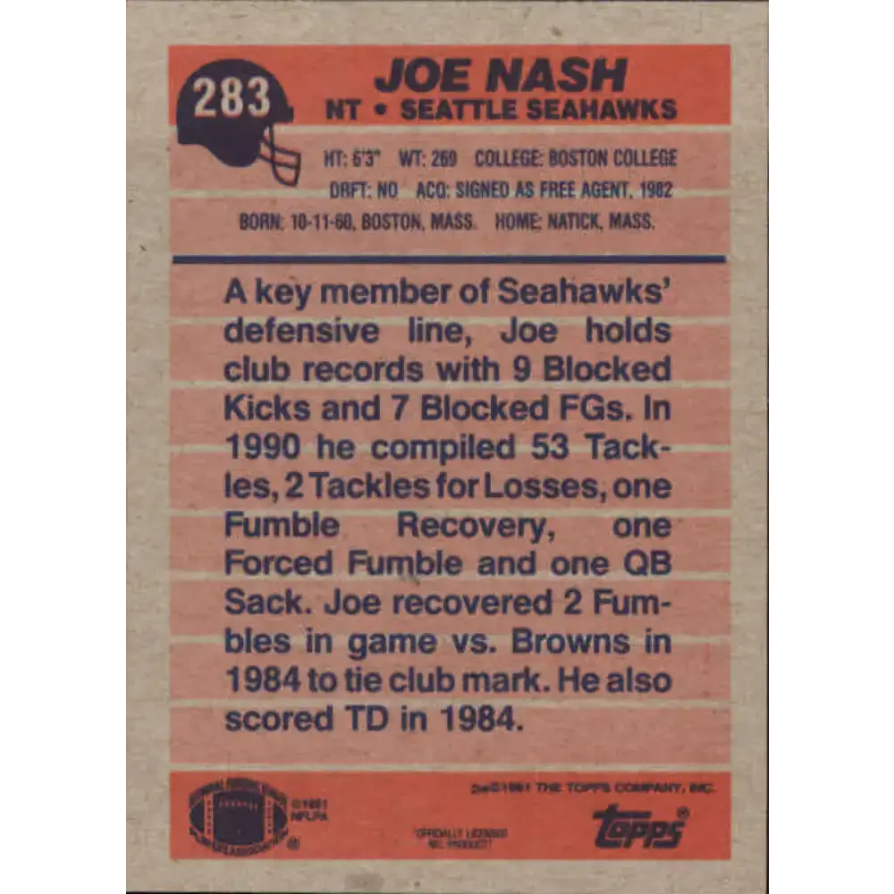1991 Topps #283 Joe Nash NM-MT Seattle Seahawks Football Card - Football Card Single