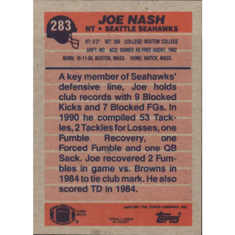 1991 Topps #283 Joe Nash NM-MT Seattle Seahawks Football Card - Football Card Single