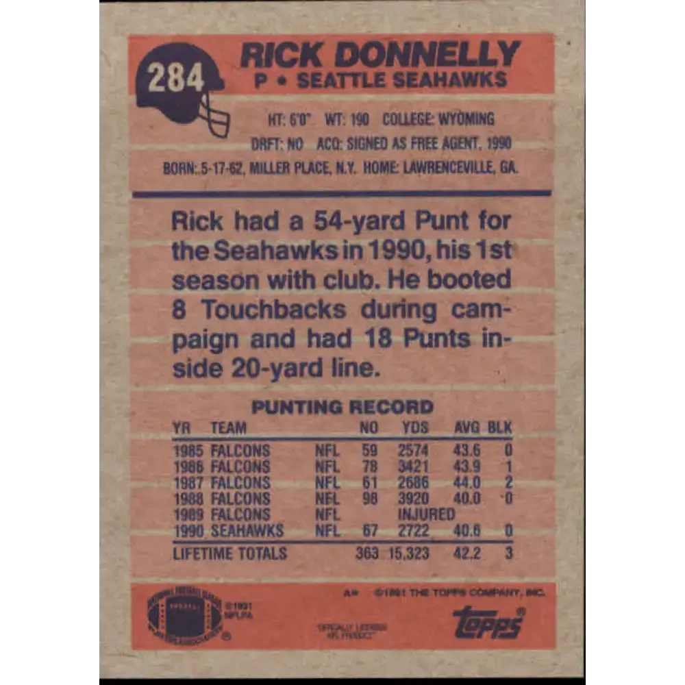 1991 Topps #284 Rick Donnelly NM-MT Seattle Seahawks Football Card - Football Card Single