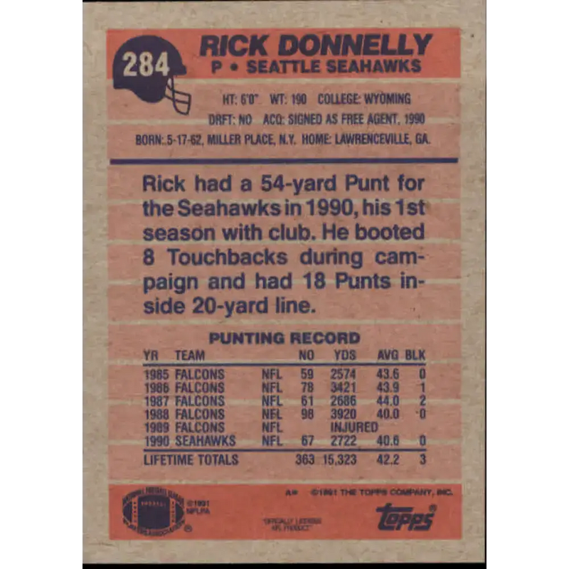1991 Topps #284 Rick Donnelly NM-MT Seattle Seahawks Football Card - Football Card Single