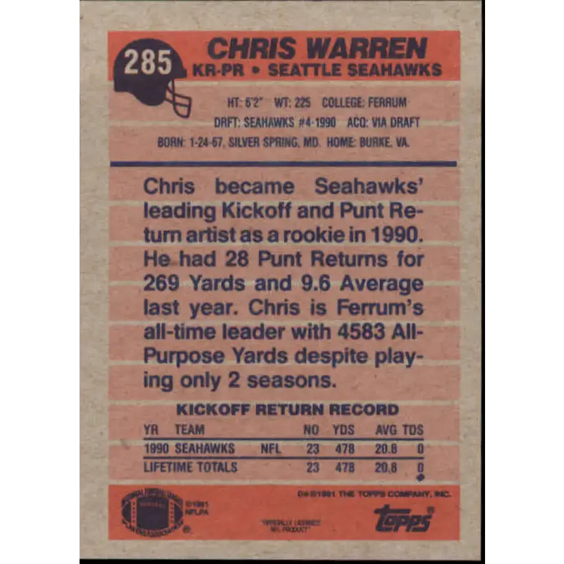 1991 Topps #285 Chris Warren NM-MT Seattle Seahawks Football Card - Football Card Single