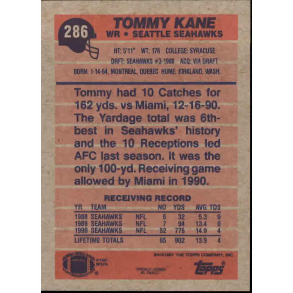1991 Topps #286 Tommy Kane NM-MT Seattle Seahawks Football Card - Football Card Single