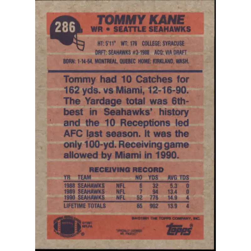 1991 Topps #286 Tommy Kane NM-MT Seattle Seahawks Football Card - Football Card Single