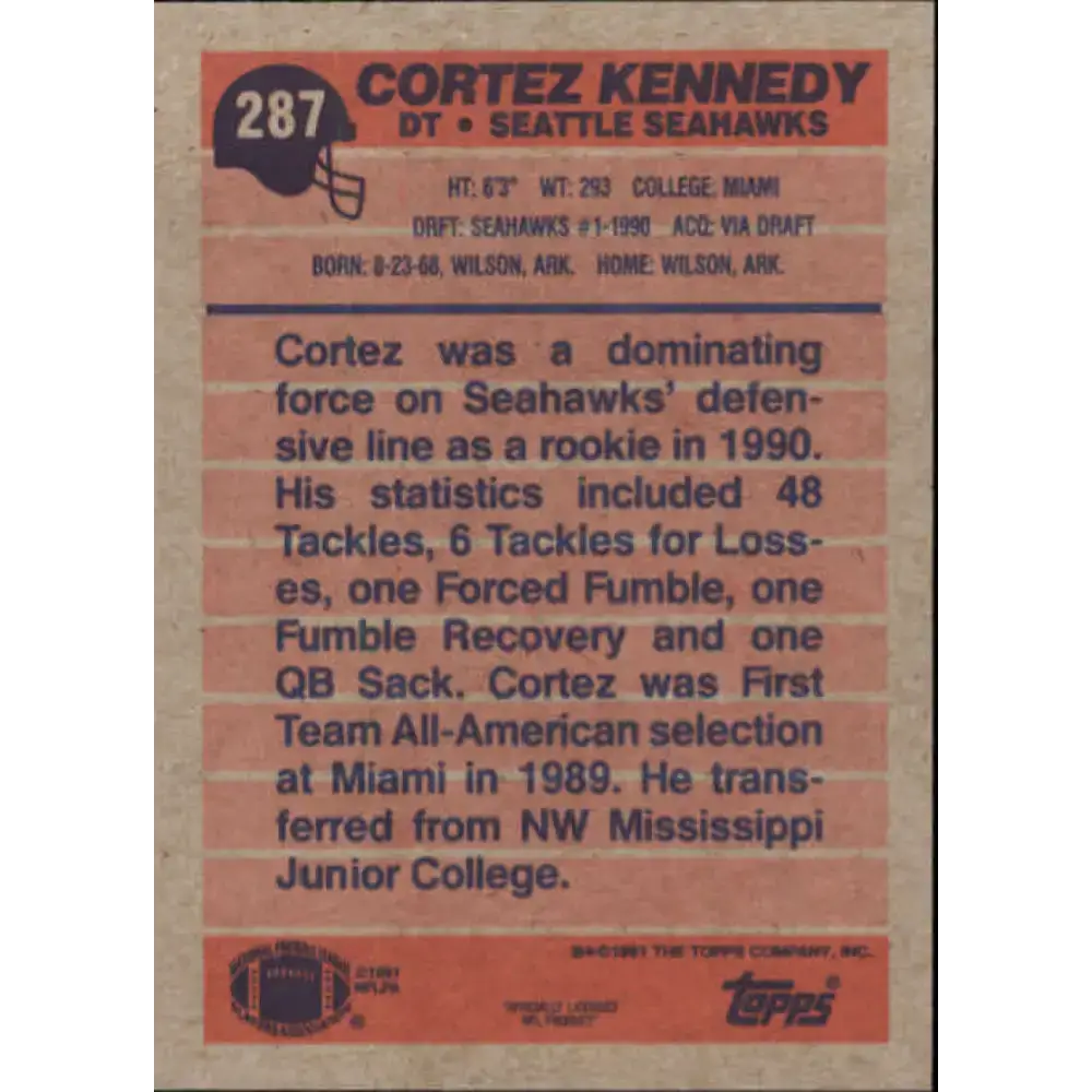 1991 Topps #287 Cortez Kennedy NM-MT Seattle Seahawks Football Card - Football Card Single