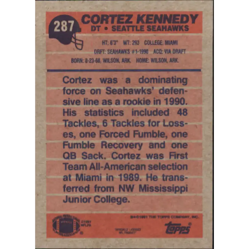 1991 Topps #287 Cortez Kennedy NM-MT Seattle Seahawks Football Card - Football Card Single