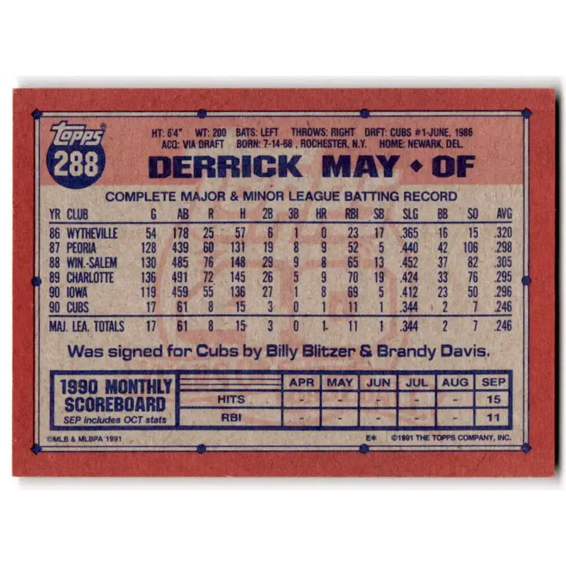 1991 Topps #288 Derrick May NM-MT Chicago Cubs Baseball Card - Baseball Card Single