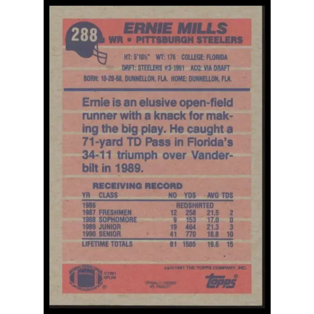 1991 Topps #288 Ernie Mills NM-MT RC Rookie Pittsburgh Steelers Football Card - Football Card Single