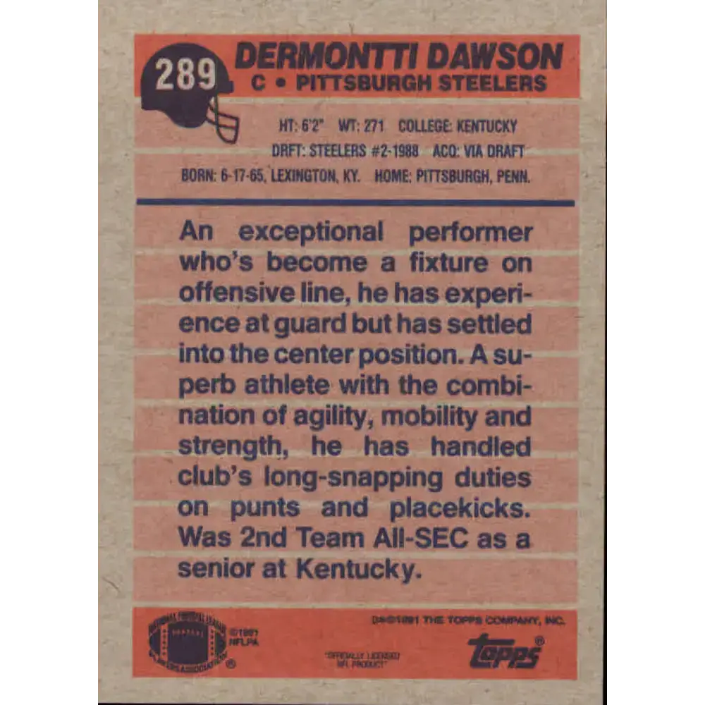 1991 Topps #289 Dermontti Dawson NM-MT Pittsburgh Steelers Football Card - Football Card Single