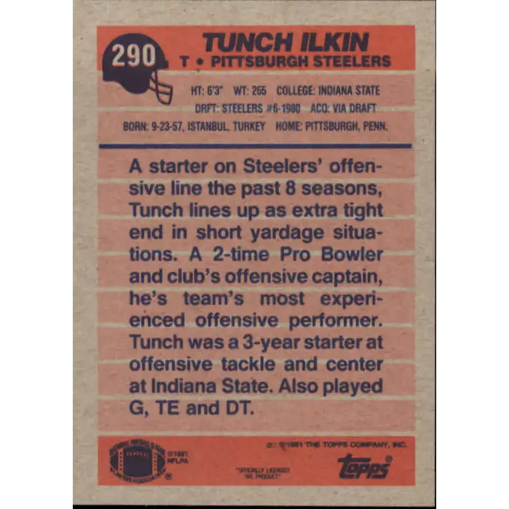 1991 Topps #290 Tunch Ilkin NM-MT Pittsburgh Steelers Football Card - Football Card Single