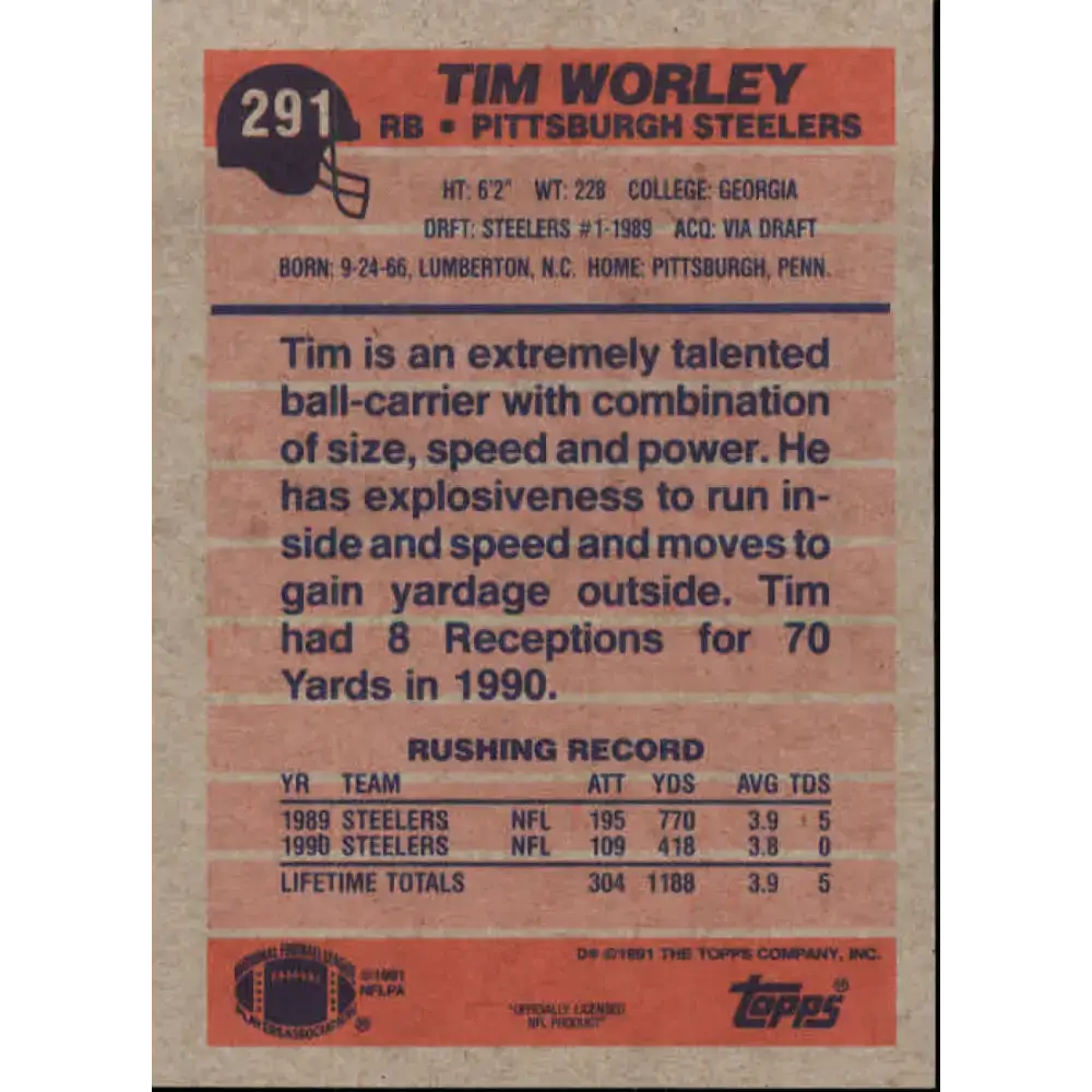 1991 Topps #291 Tim Worley NM-MT Pittsburgh Steelers Football Card - Football Card Single
