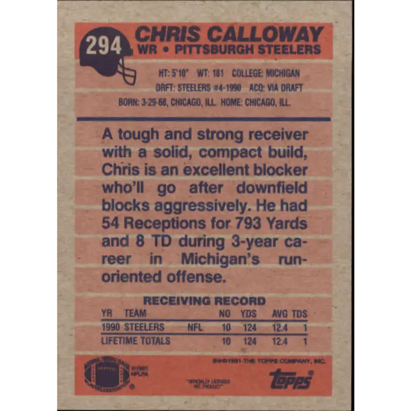 1991 Topps #294 Chris Calloway NM-MT Pittsburgh Steelers Football Card - Football Card Single