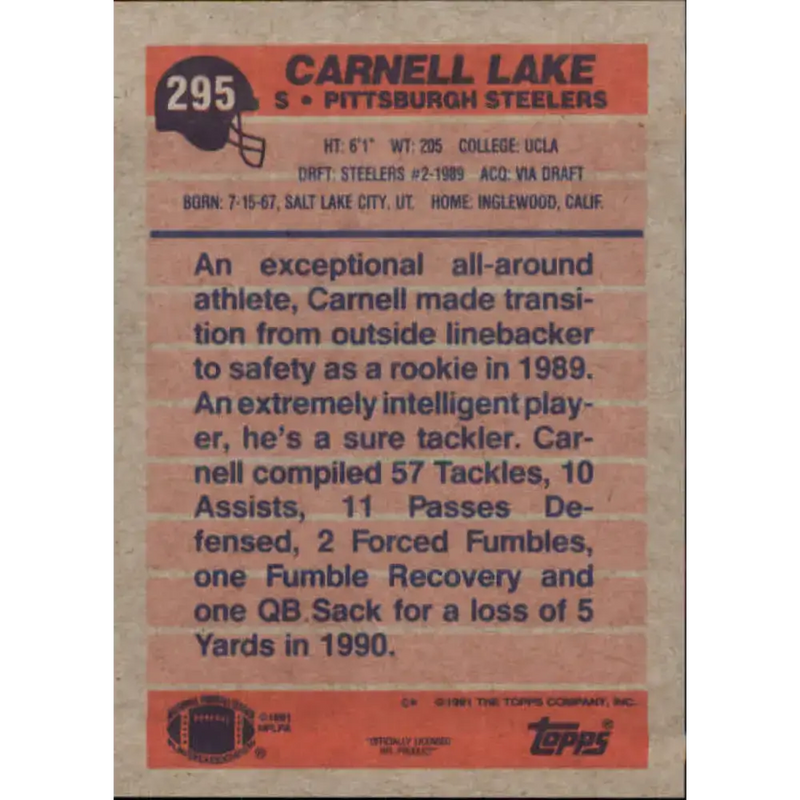 1991 Topps #295 Carnell Lake NM-MT Pittsburgh Steelers Football Card - Football Card Single