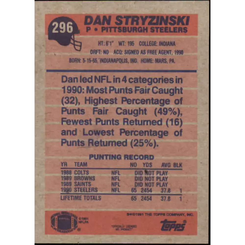 1991 Topps #296 Dan Stryzinski NM-MT Pittsburgh Steelers Football Card - Football Card Single