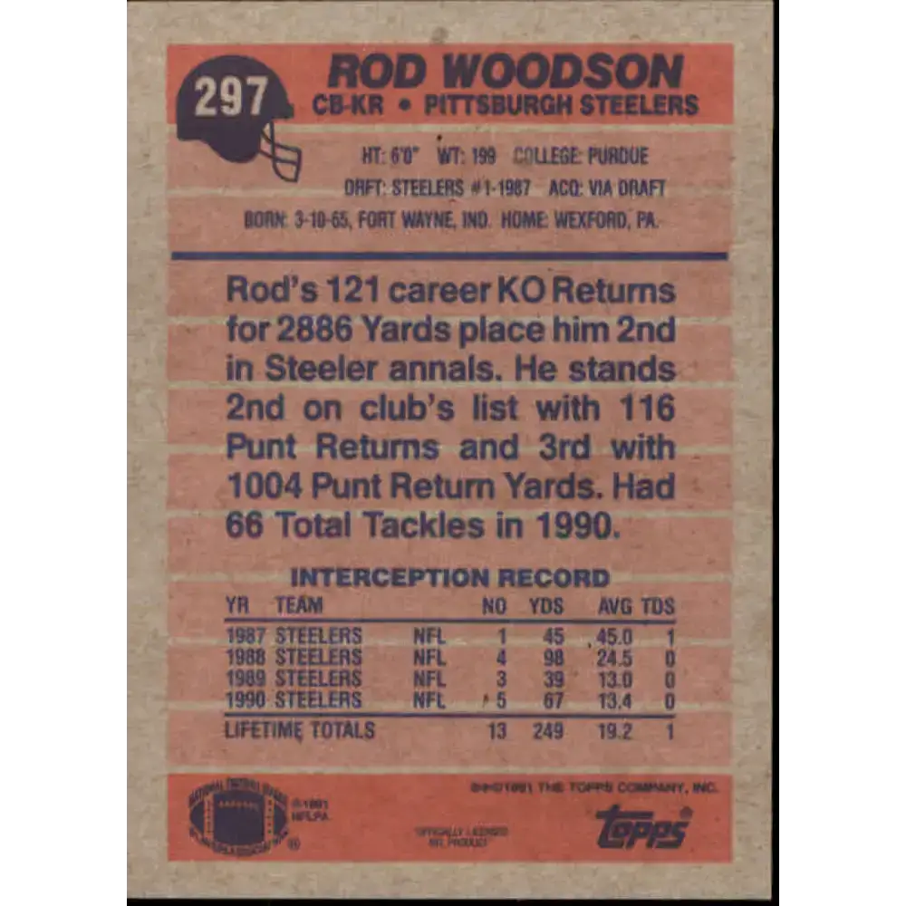 1991 Topps #297 Rod Woodson NM-MT Pittsburgh Steelers Football Card - Football Card Single