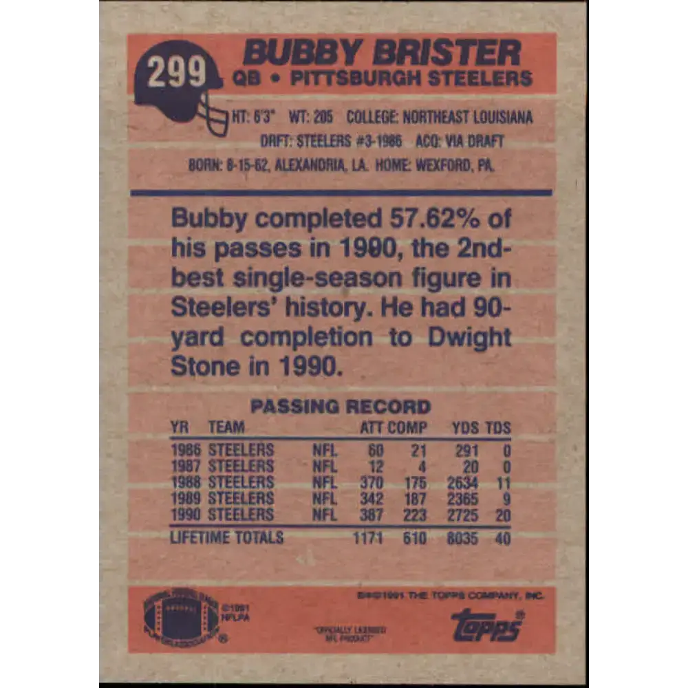1991 Topps #299 Bubby Brister NM-MT Pittsburgh Steelers Football Card - Football Card Single