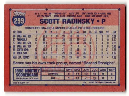 1991 Topps #299 Scott Radinsky Chicago White Sox Baseball Cards EX/N ID:58231 - Baseball Card Single