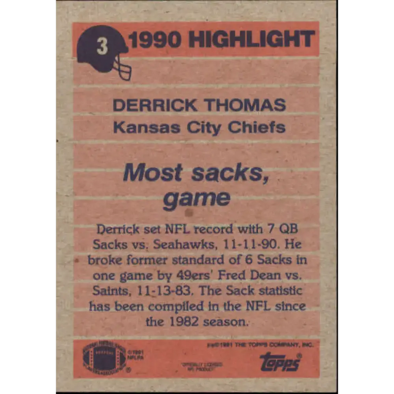 1991 Topps #3 Derrick Thomas NM-MT Kansas City Chiefs Football Card - Football Card Single
